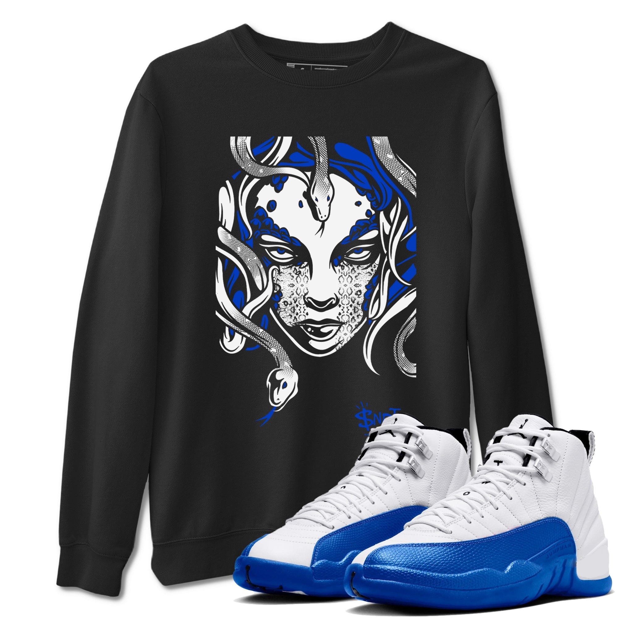 12s Blueberry shirts to match jordans Medusa Head sneaker match tees Air Jordan 12 Blueberry SNRT Sneaker Release Tees unisex cotton Black 1 crew neck shirts