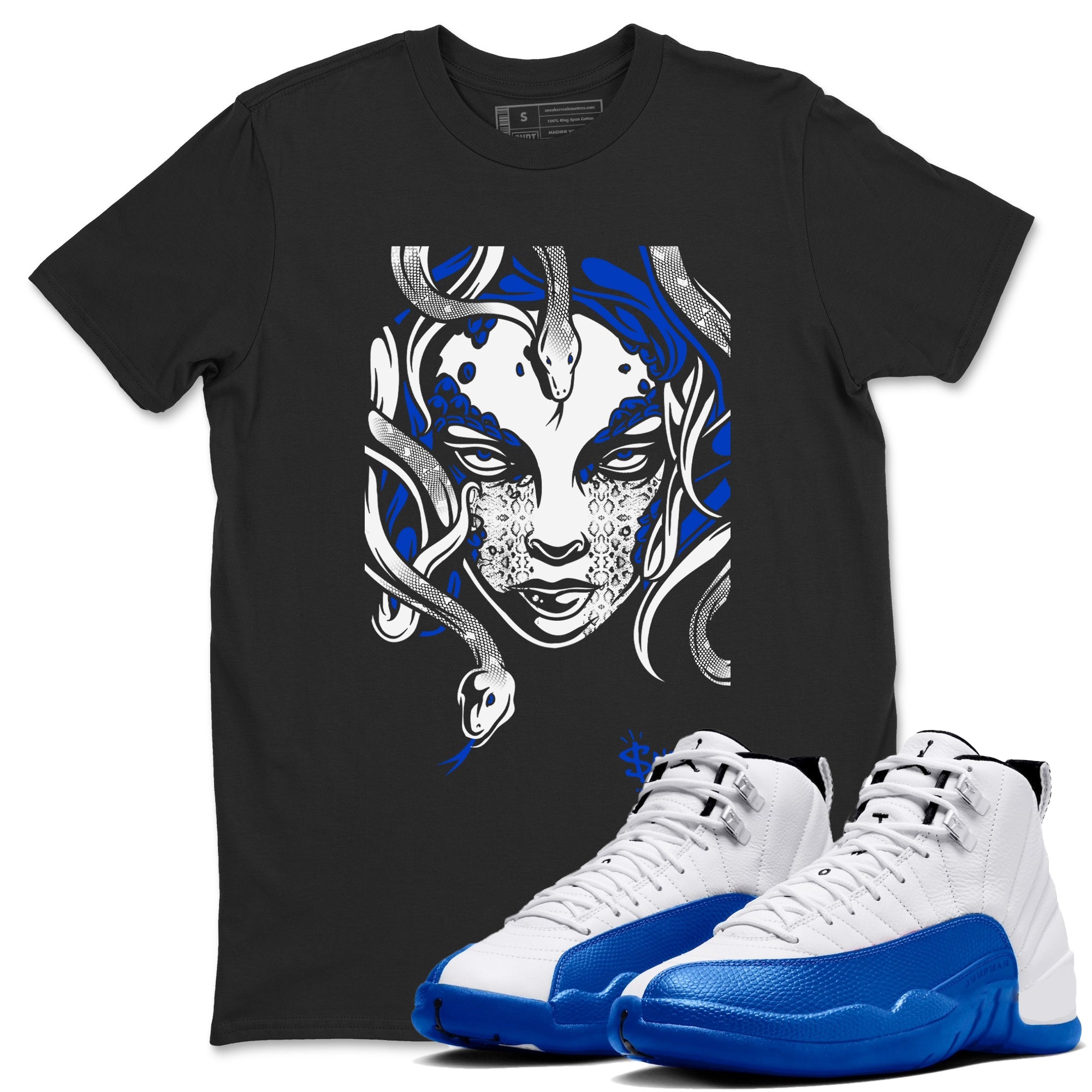 12s Blueberry shirts to match jordans Medusa Head sneaker match tees Air Jordan 12 Blueberry SNRT Sneaker Release Tees unisex cotton Black 1 crew neck shirts