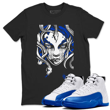 12s Blueberry shirts to match jordans Medusa Head sneaker match tees Air Jordan 12 Blueberry SNRT Sneaker Release Tees unisex cotton Black 1 crew neck shirts