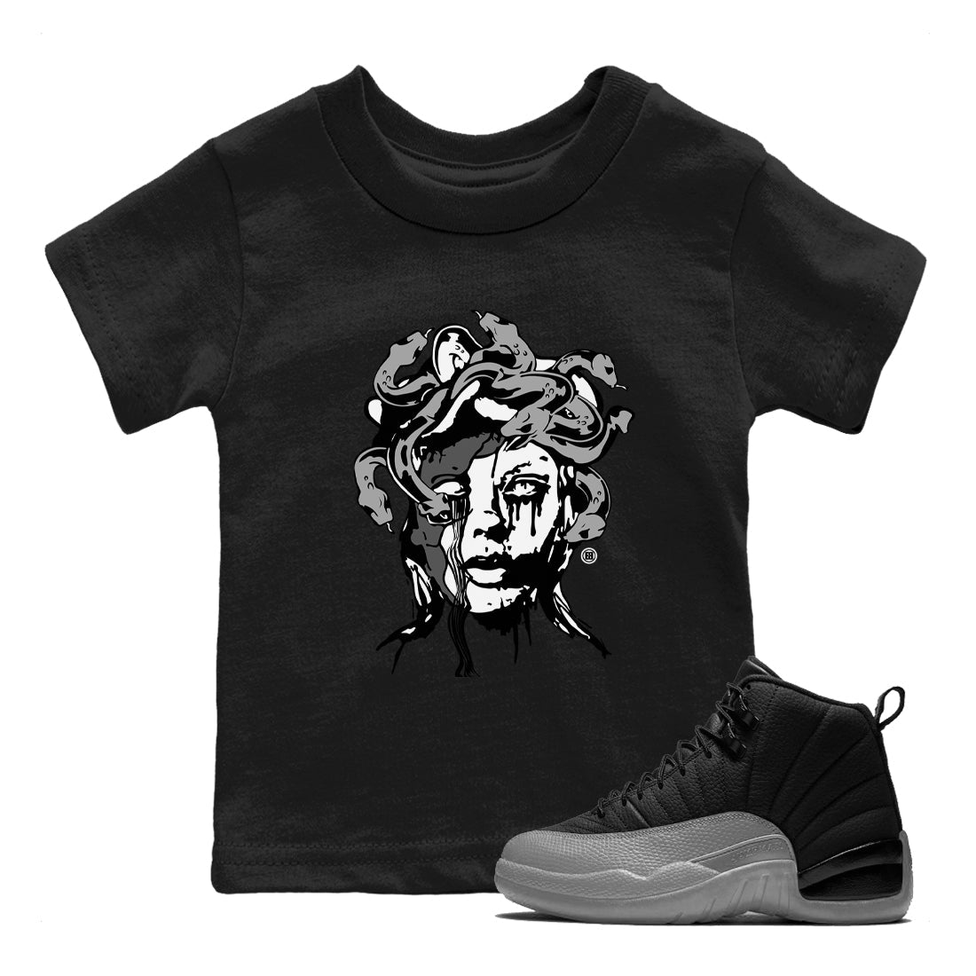 12s Black Wolf Grey shirts to match jordans Medusa Statue sneaker match tees 12s Barons Grey SNRT Sneaker Release Tees Youth Baby Black 1 crew neck shirts