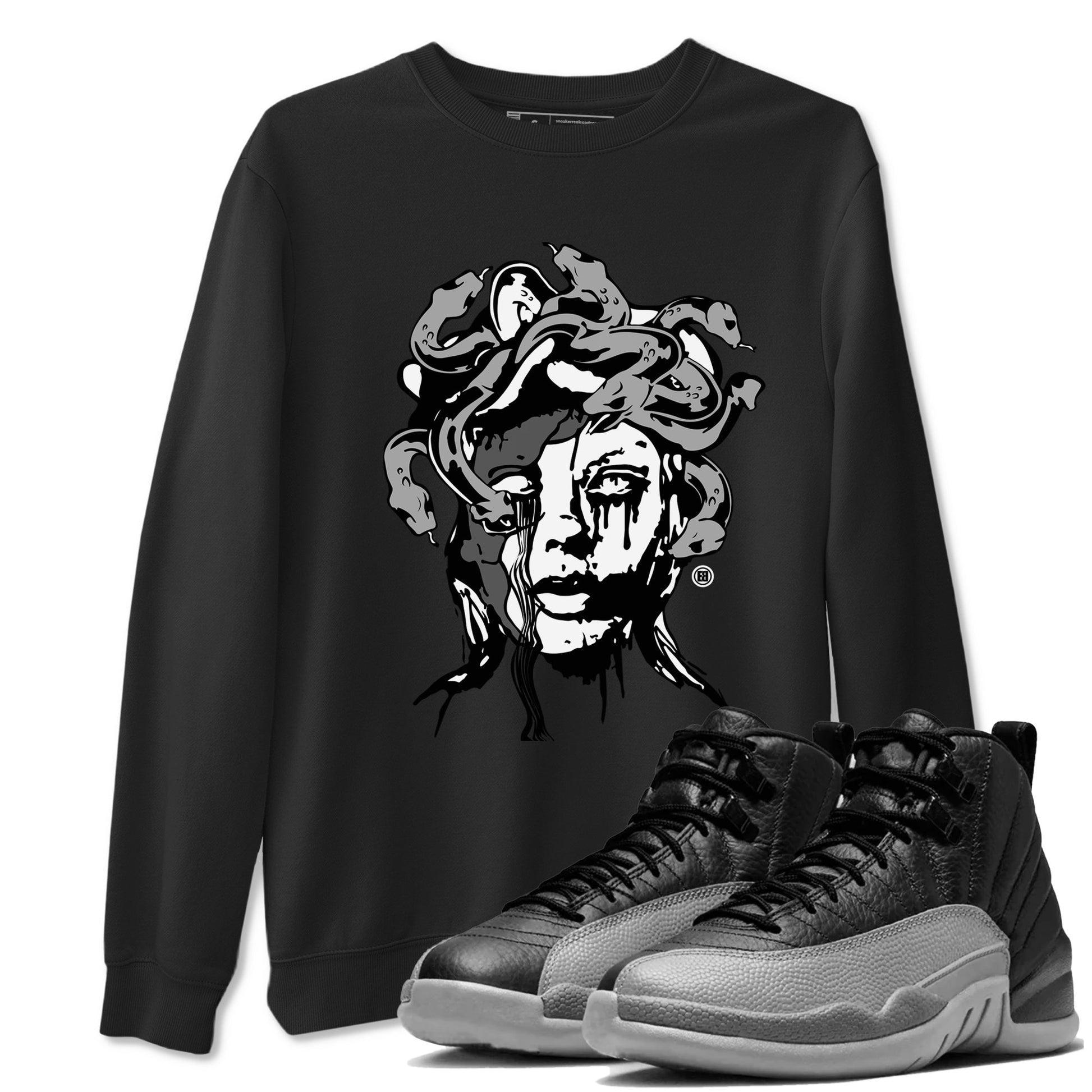 12s Black Wolf Grey shirts to match jordans Medusa Statue sneaker match tees 12s Barons Grey SNRT Sneaker Release Tees unisex cotton Black 1 crew neck shirts