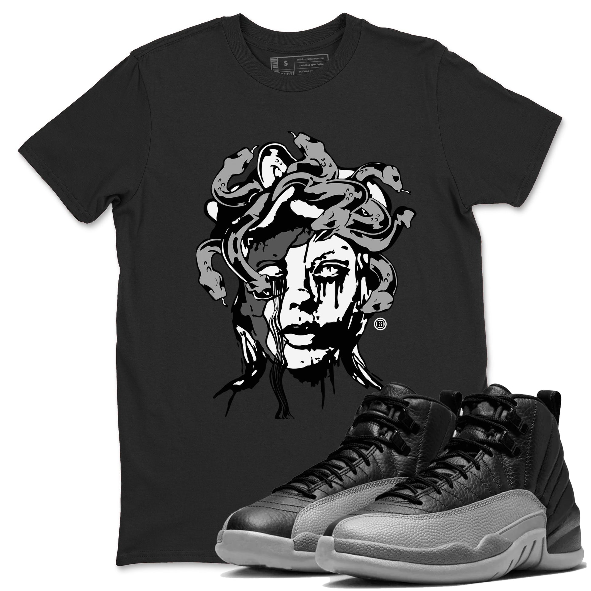 12s Black Wolf Grey shirts to match jordans Medusa Statue sneaker match tees 12s Barons Grey SNRT Sneaker Release Tees unisex cotton Black 1 crew neck shirts