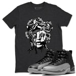 12s Black Wolf Grey shirts to match jordans Medusa Statue sneaker match tees 12s Barons Grey SNRT Sneaker Release Tees unisex cotton Charcoal Heather 1 crew neck shirts