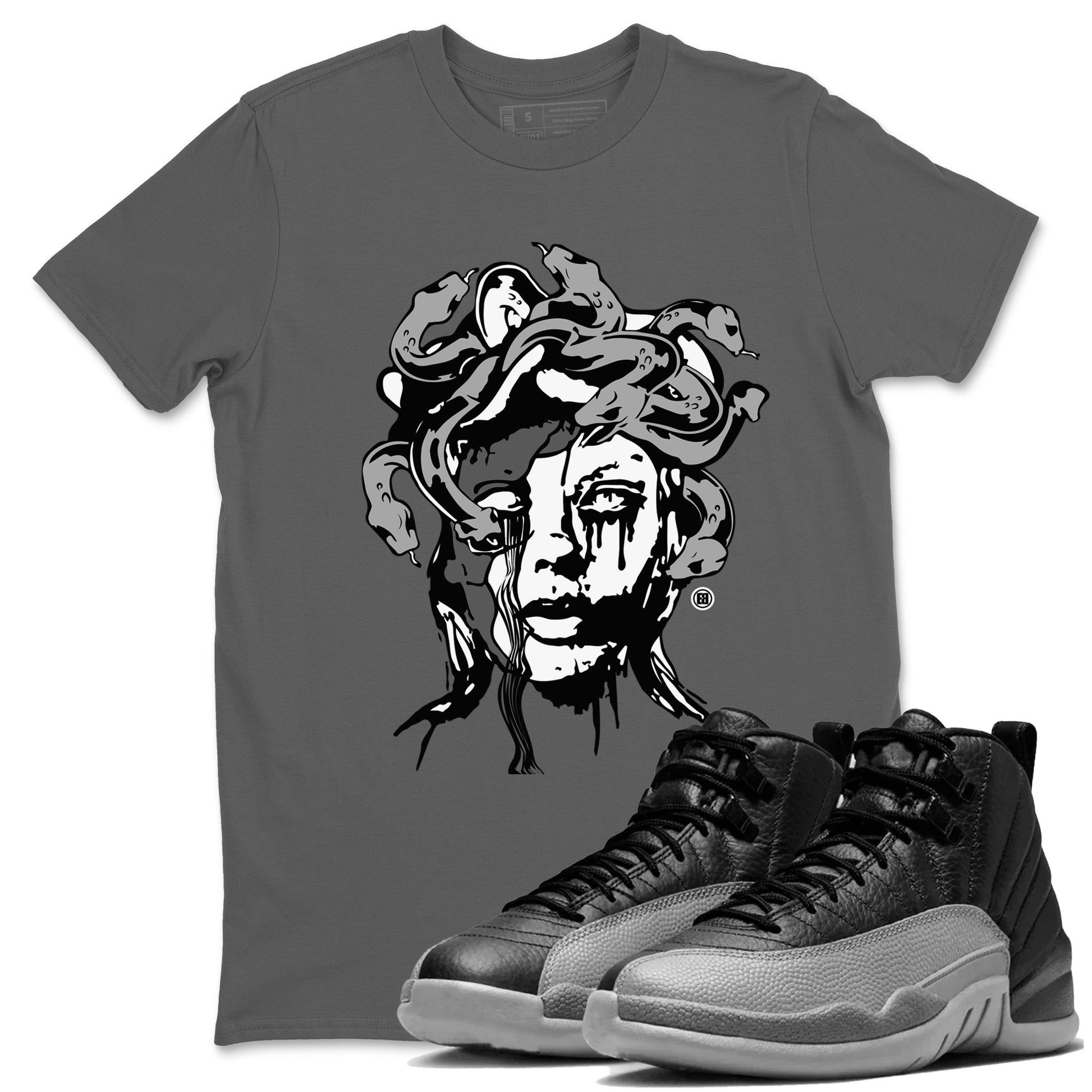 12s Black Wolf Grey shirts to match jordans Medusa Statue sneaker match tees 12s Barons Grey SNRT Sneaker Release Tees unisex cotton Cool Grey 1 crew neck shirts