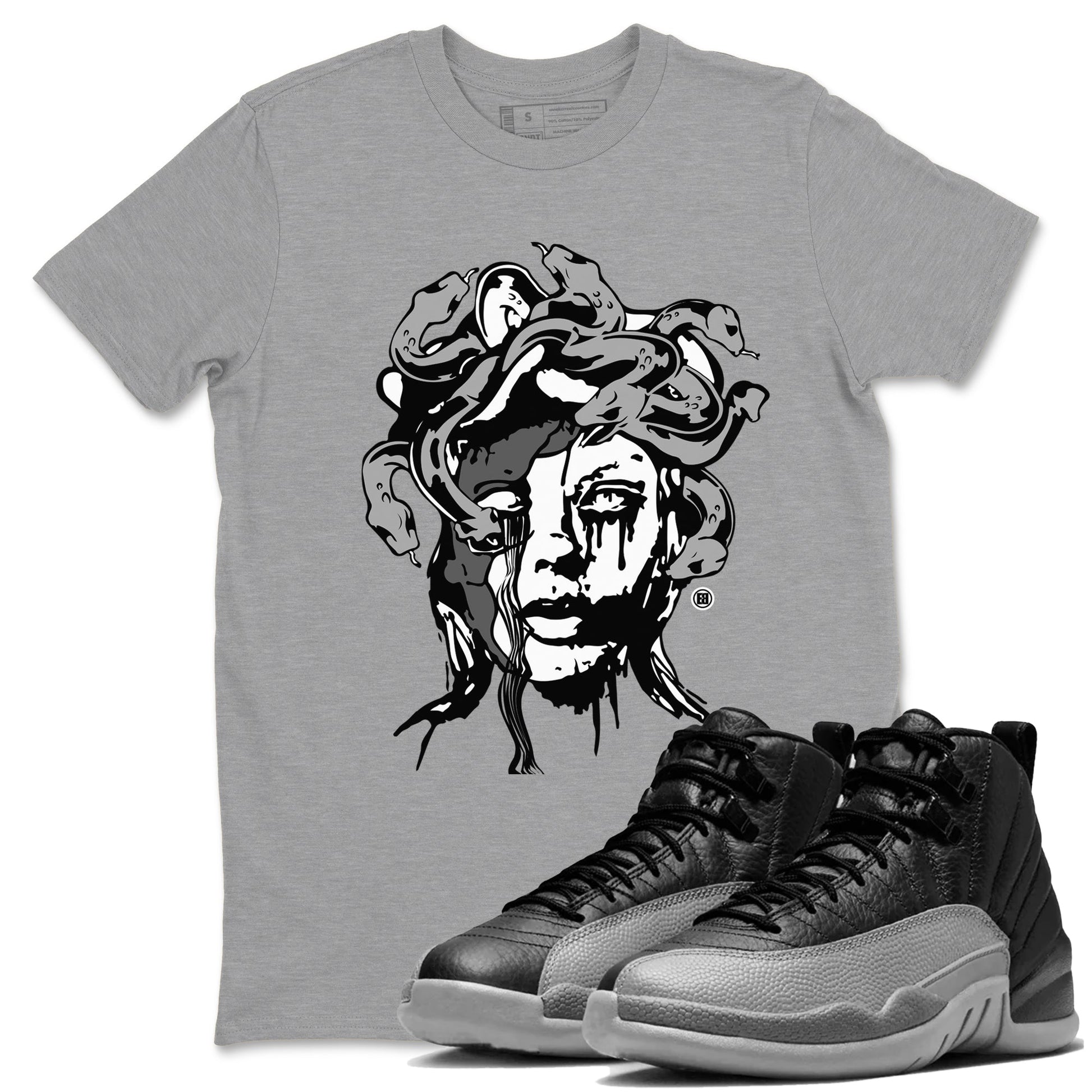 12s Black Wolf Grey shirts to match jordans Medusa Statue sneaker match tees 12s Barons Grey SNRT Sneaker Release Tees unisex cotton Heather Grey 1 crew neck shirts