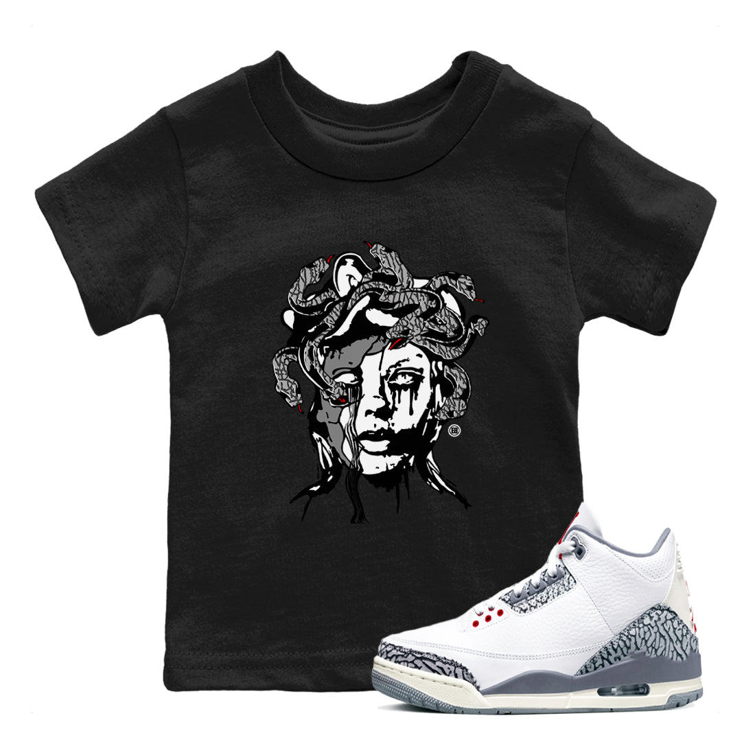 3s Cement Grey shirts to match jordans Medusa Statue sneaker match tees Air Jordan 3 Cement Grey SNRT Sneaker Release Tees Youth Baby Black 1 crew neck shirts