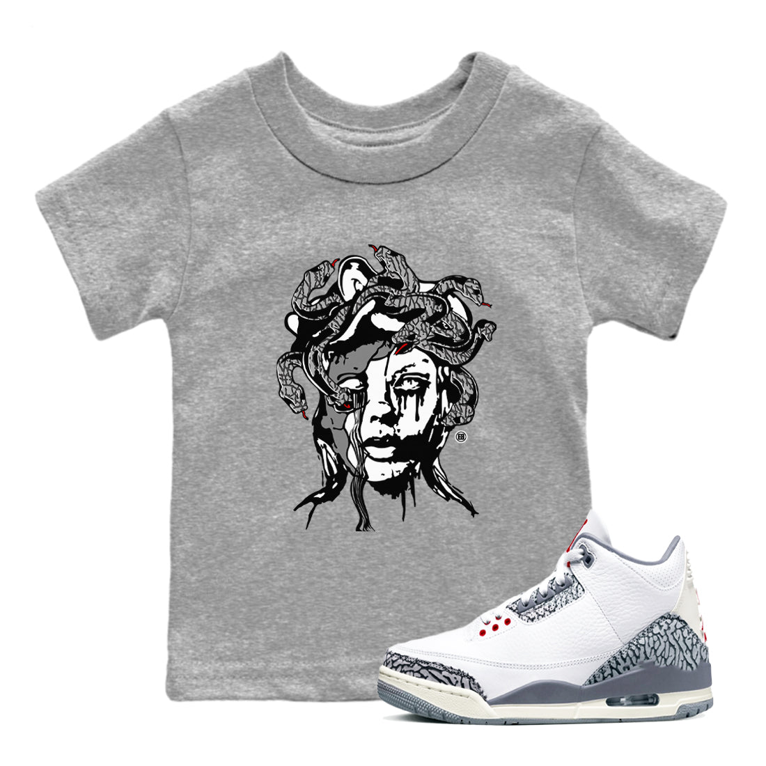 3s Cement Grey shirts to match jordans Medusa Statue sneaker match tees Air Jordan 3 Cement Grey SNRT Sneaker Release Tees Youth Baby Heather Grey 1 crew neck shirts