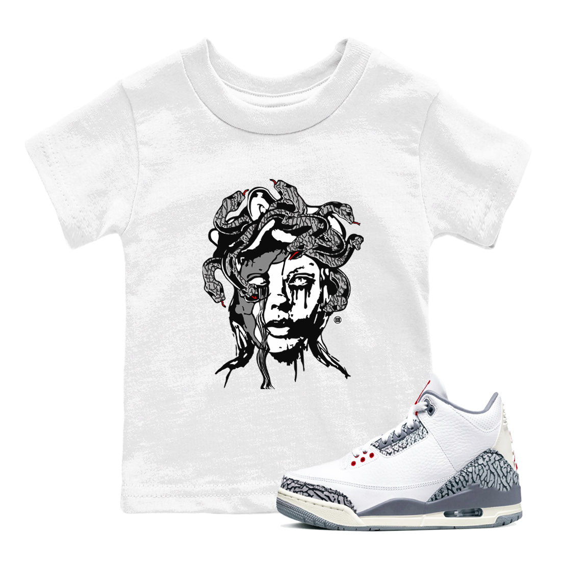 3s Cement Grey shirts to match jordans Medusa Statue sneaker match tees Air Jordan 3 Cement Grey SNRT Sneaker Release Tees Youth Baby White 1 crew neck shirts