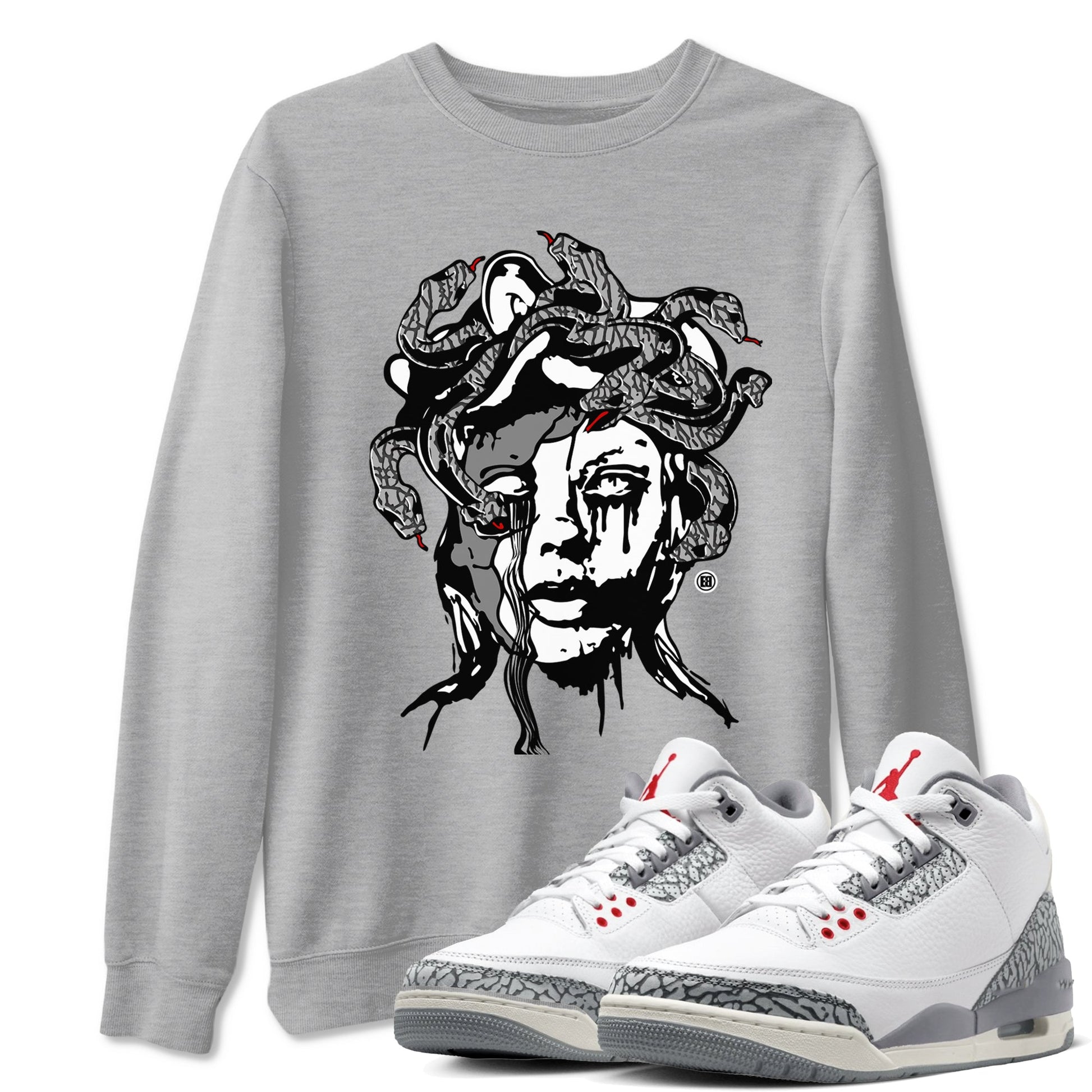 3s Cement Grey shirts to match jordans Medusa Statue sneaker match tees Air Jordan 3 Cement Grey SNRT Sneaker Release Tees unisex cotton Heather Grey 1 crew neck shirts