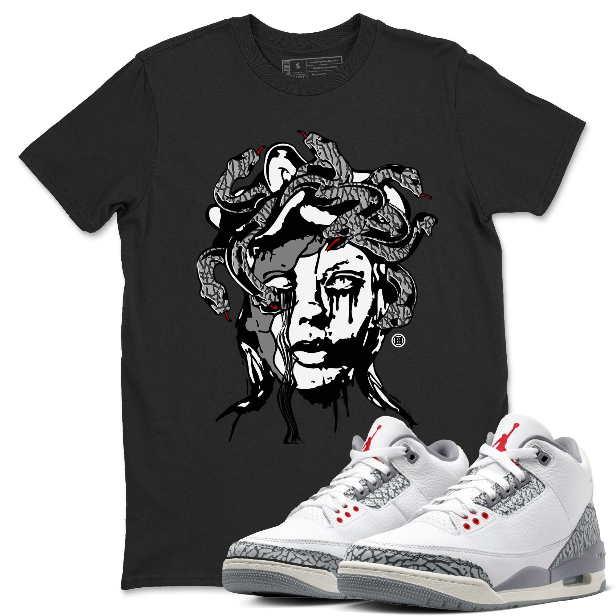 3s Cement Grey shirts to match jordans Medusa Statue sneaker match tees Air Jordan 3 Cement Grey SNRT Sneaker Release Tees unisex cotton Black 1 crew neck shirts