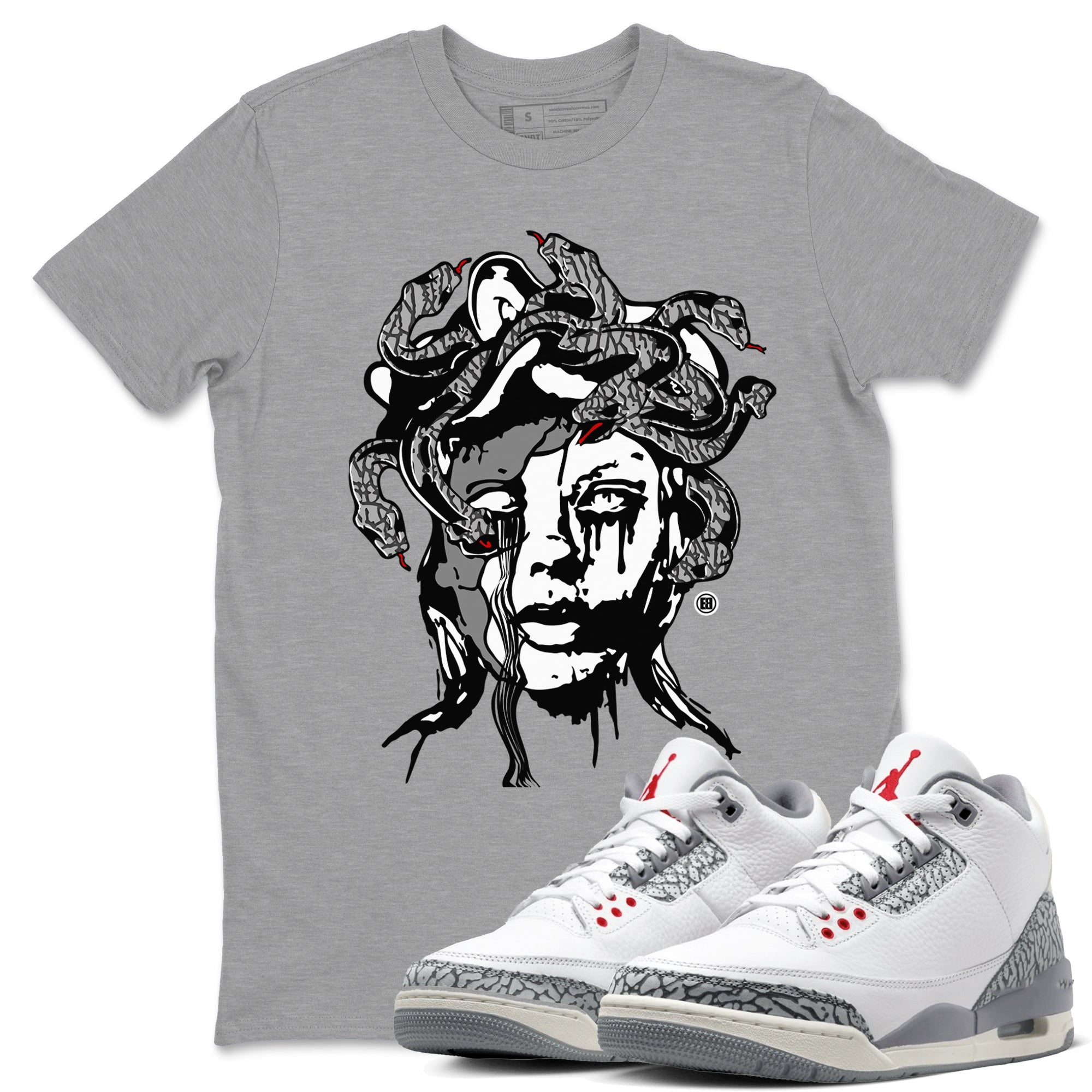 3s Cement Grey shirts to match jordans Medusa Statue sneaker match tees Air Jordan 3 Cement Grey SNRT Sneaker Release Tees unisex cotton Heather Grey 1 crew neck shirts