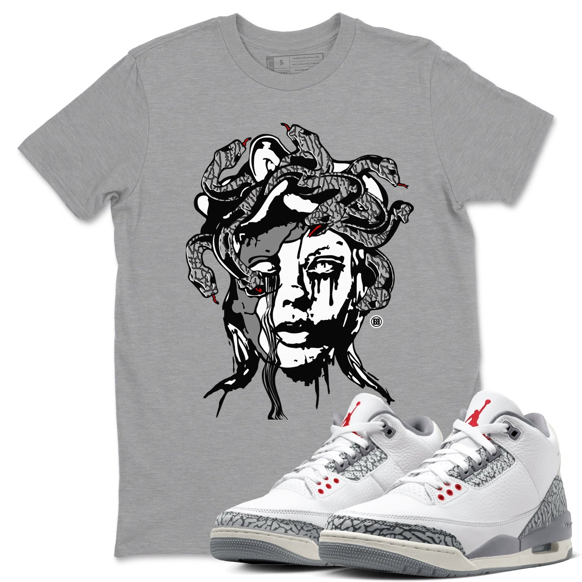 3s Cement Grey shirts to match jordans Medusa Statue sneaker match tees Air Jordan 3 Cement Grey SNRT Sneaker Release Tees unisex cotton Heather Grey 1 crew neck shirts