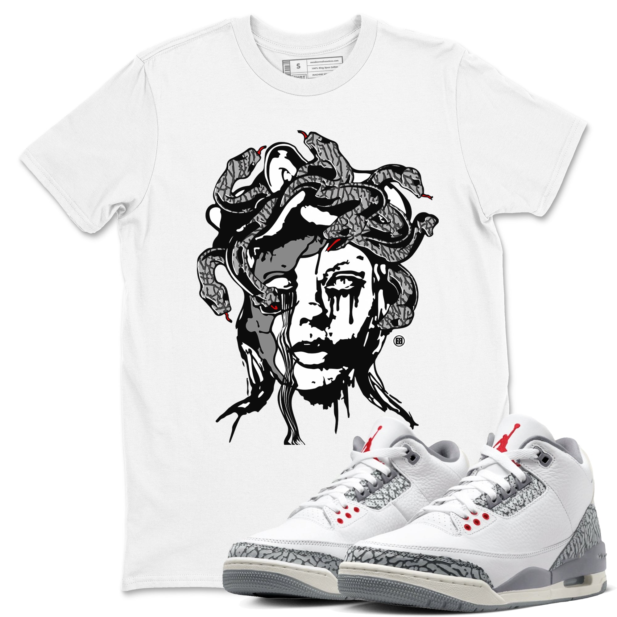 3s Cement Grey shirts to match jordans Medusa Statue sneaker match tees Air Jordan 3 Cement Grey SNRT Sneaker Release Tees unisex cotton White 1 crew neck shirts