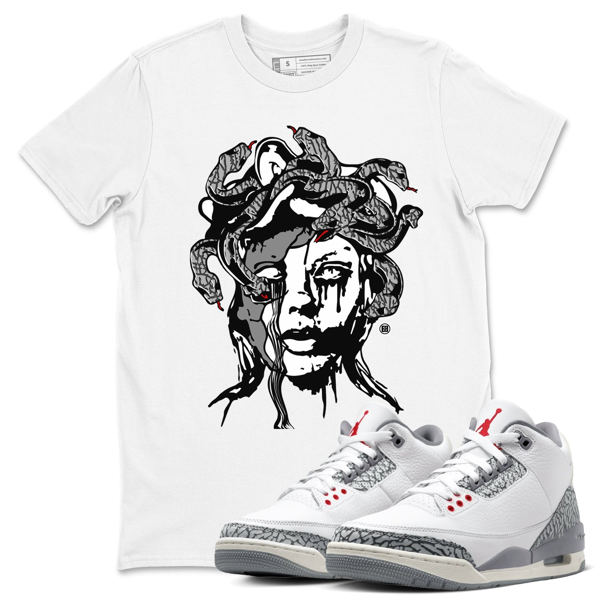 3s Cement Grey shirts to match jordans Medusa Statue sneaker match tees Air Jordan 3 Cement Grey SNRT Sneaker Release Tees unisex cotton White 1 crew neck shirts