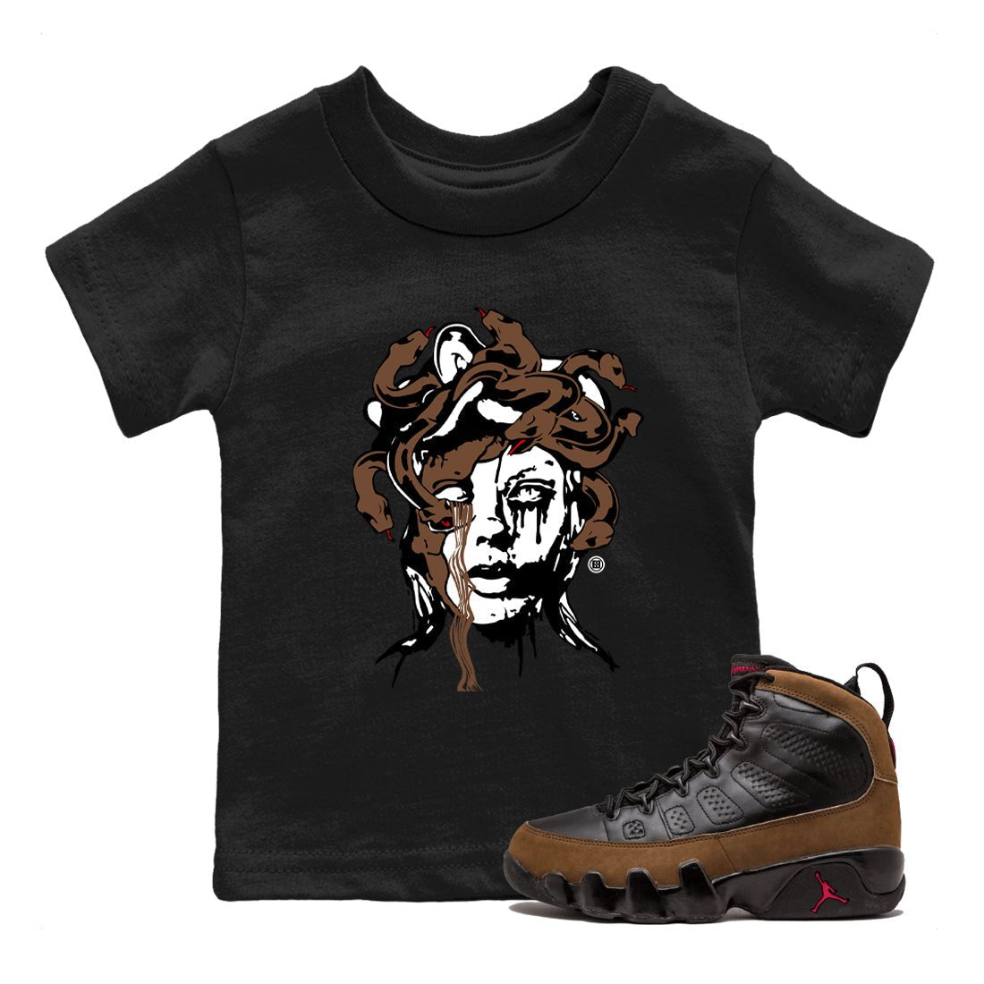 9s Olive shirts to match jordans Medusa Statue graphic tees Air Jordan 9 Olive t shirts to match sneakers SNRT Sneaker Tees Youth Baby Black 1 tee