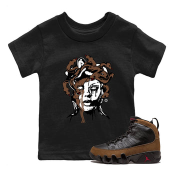 9s Olive shirts to match jordans Medusa Statue graphic tees Air Jordan 9 Olive t shirts to match sneakers SNRT Sneaker Tees Youth Baby Black 1 tee