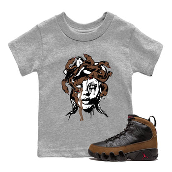 9s Olive shirts to match jordans Medusa Statue graphic tees Air Jordan 9 Olive t shirts to match sneakers SNRT Sneaker Tees Youth Baby Heather Grey 1 tee