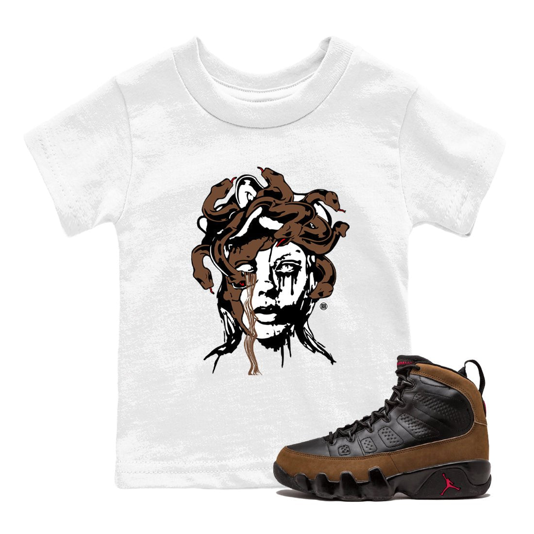 9s Olive shirts to match jordans Medusa Statue graphic tees Air Jordan 9 Olive t shirts to match sneakers SNRT Sneaker Tees Youth Baby White 1 tee