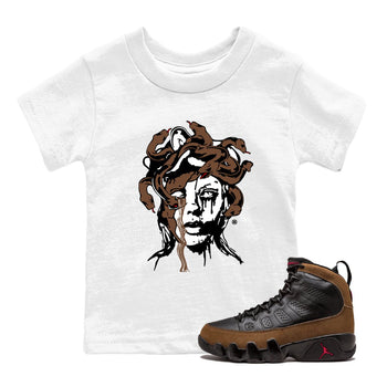 9s Olive shirts to match jordans Medusa Statue graphic tees Air Jordan 9 Olive t shirts to match sneakers SNRT Sneaker Tees Youth Baby White 1 tee