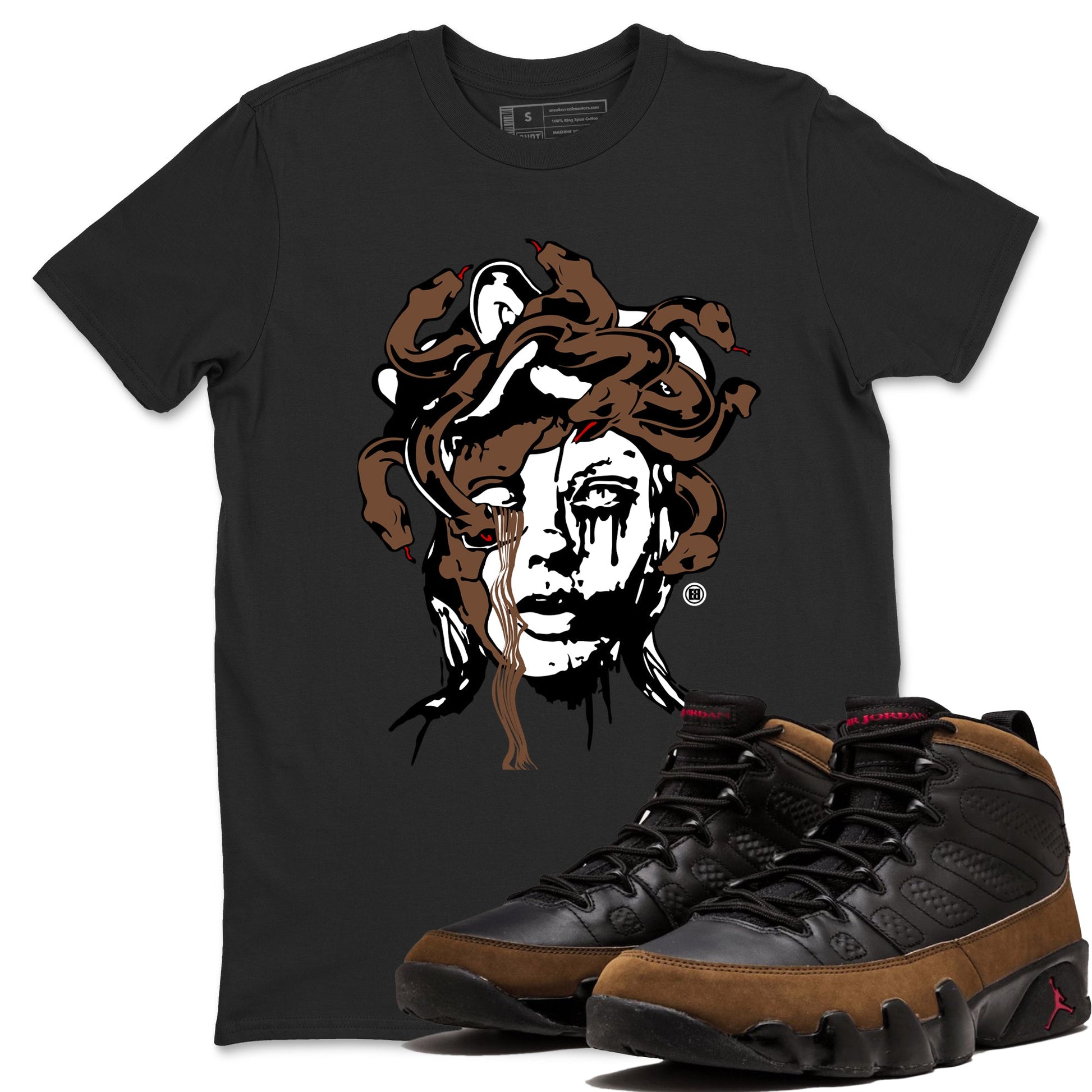 9s Olive shirts to match jordans Medusa Statue graphic tees Air Jordan 9 Olive t shirts to match sneakers SNRT Sneaker Tees unisex cotton Black 1 shirts