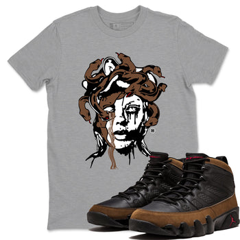 9s Olive shirts to match jordans Medusa Statue graphic tees Air Jordan 9 Olive t shirts to match sneakers SNRT Sneaker Tees unisex cotton Heather Grey 1 shirts