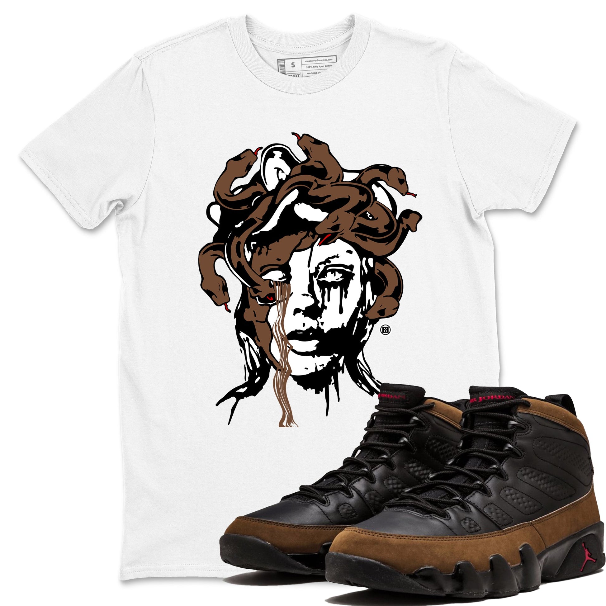 9s Olive shirts to match jordans Medusa Statue graphic tees Air Jordan 9 Olive t shirts to match sneakers SNRT Sneaker Tees unisex cotton White 1 shirts