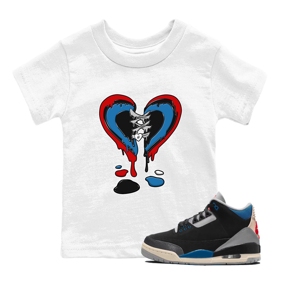Melting Heart baby and kids t-shirt crafted for little sneakerheads to shine with the Air Jordan 3 Rare Air sneakers, displayed in White 1.