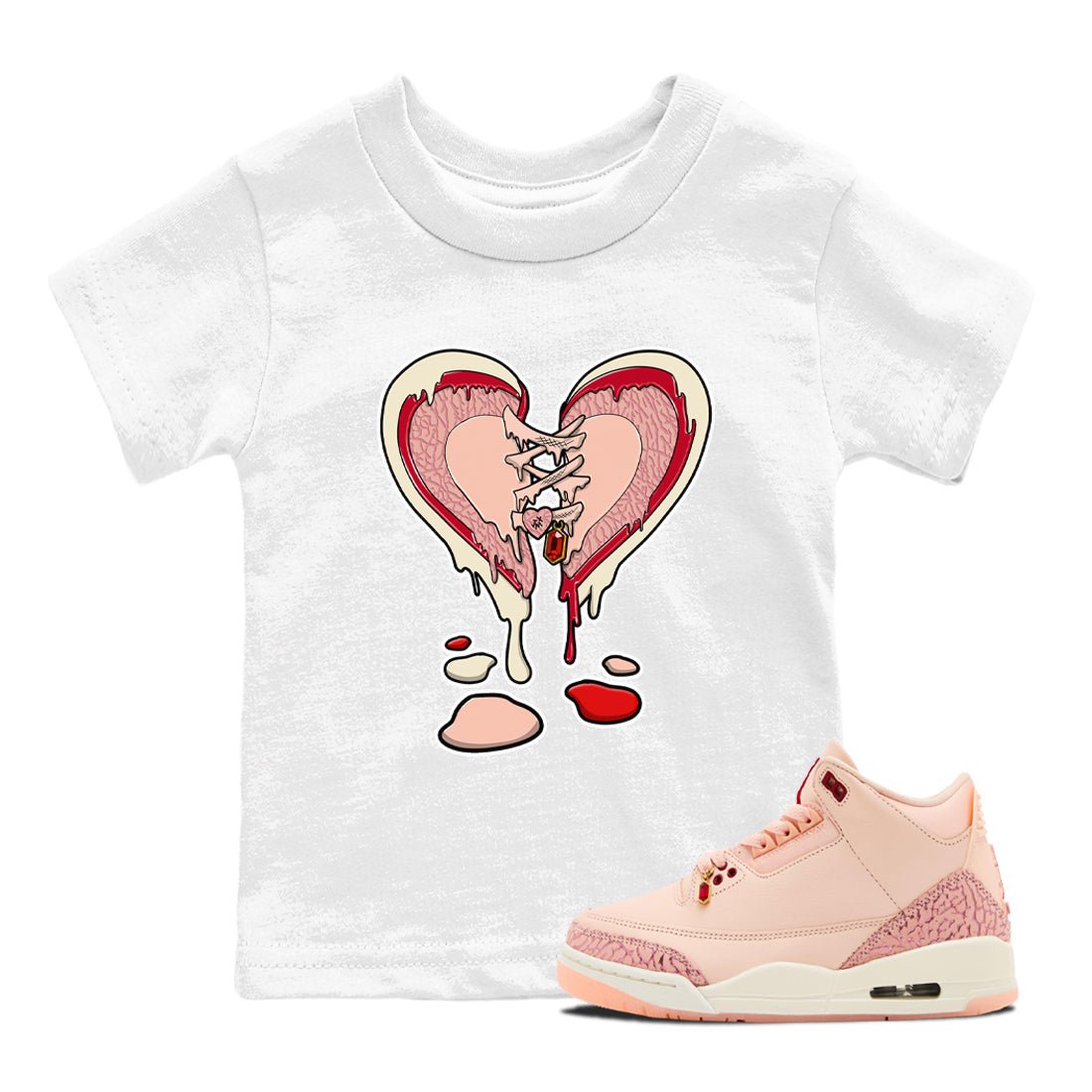 3s Valentines Day tee to match jordans Melting Heart sneaker match tees Air Jordan 3 "Treat Yourself" Washed Coral special Valentine's Day Gift SNRT Sneaker Tees Youth Baby White 1 tee