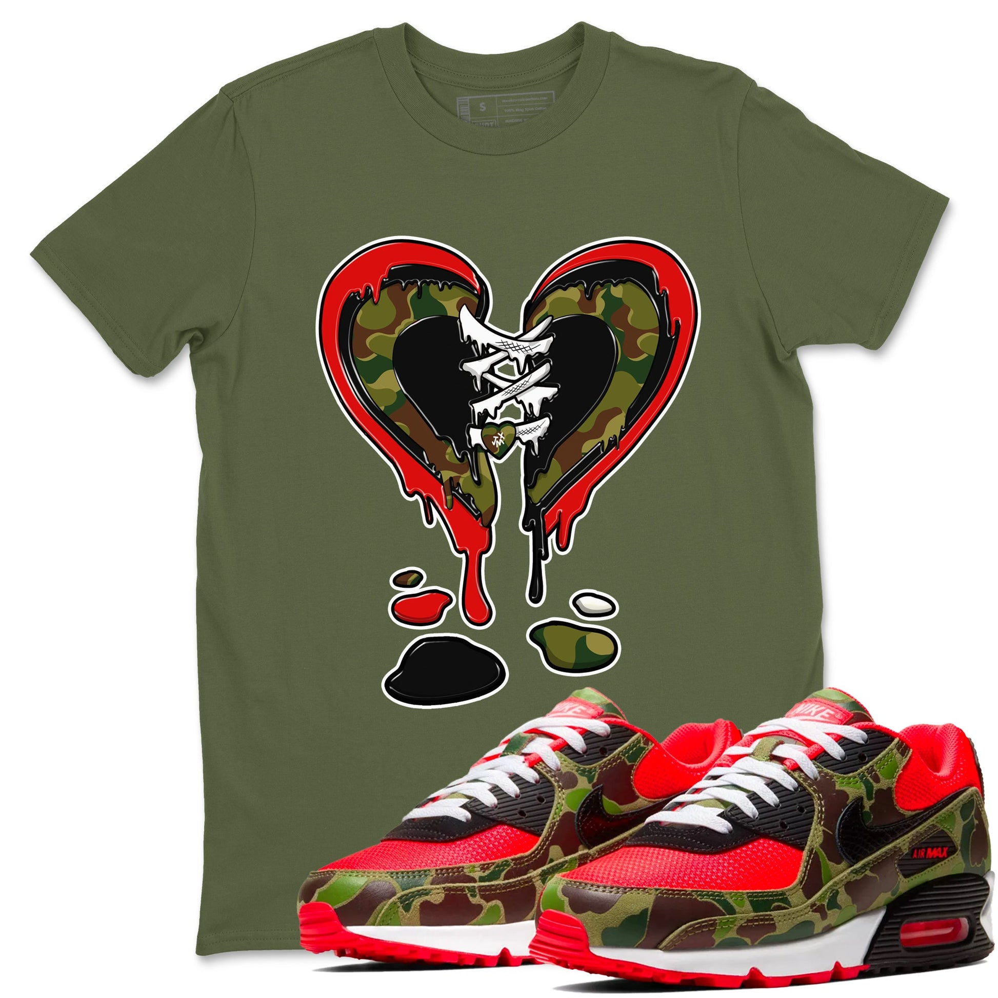 Air Max 90 Duck Camo shirts to match jordans Melting Heart sneaker match tees Air Max 90 Reverse Duck Camo match shoes to clothes SNRT Sneaker Tees unisex cotton Military Green 1 shirts