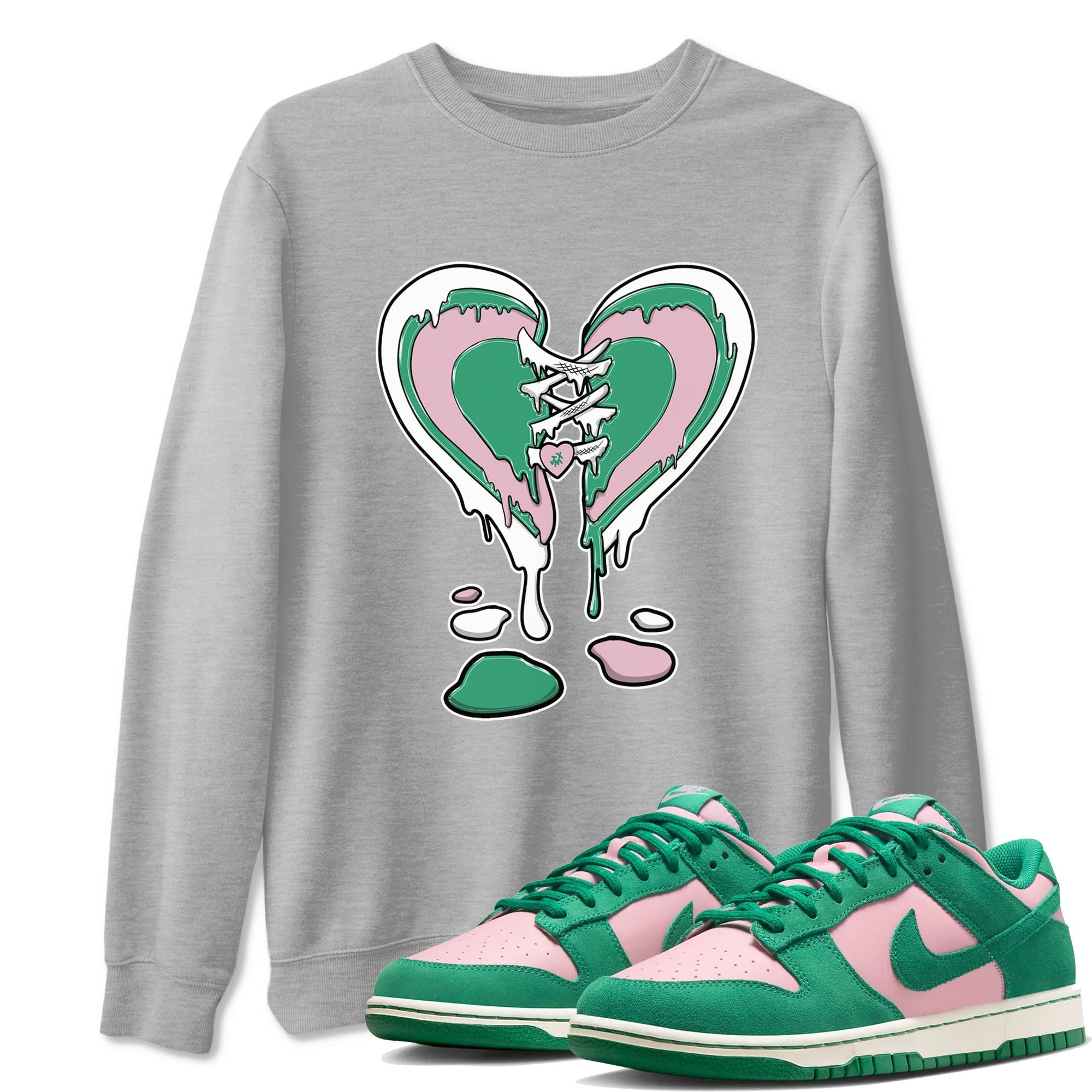 Dunk Low Medium Soft Pink Malachite shirt to match jordans Melting Heart sneaker tees Dunks Medium Soft Pink Malachite Streetwear Brand SNRT Sneaker Release Tees unisex cotton Heather Grey 1 crew neck shirt