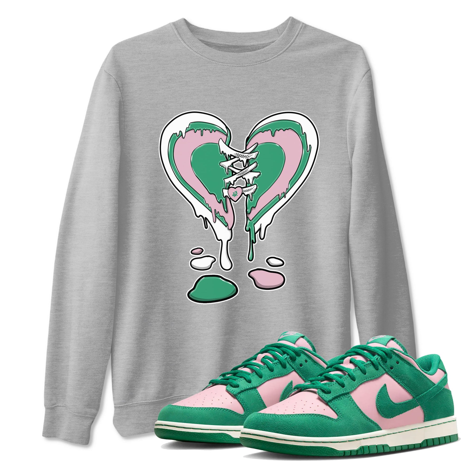 Dunk Low Medium Soft Pink Malachite shirt to match jordans Melting Heart sneaker tees Dunks Medium Soft Pink Malachite Streetwear Brand SNRT Sneaker Release Tees unisex cotton Heather Grey 1 crew neck shirt