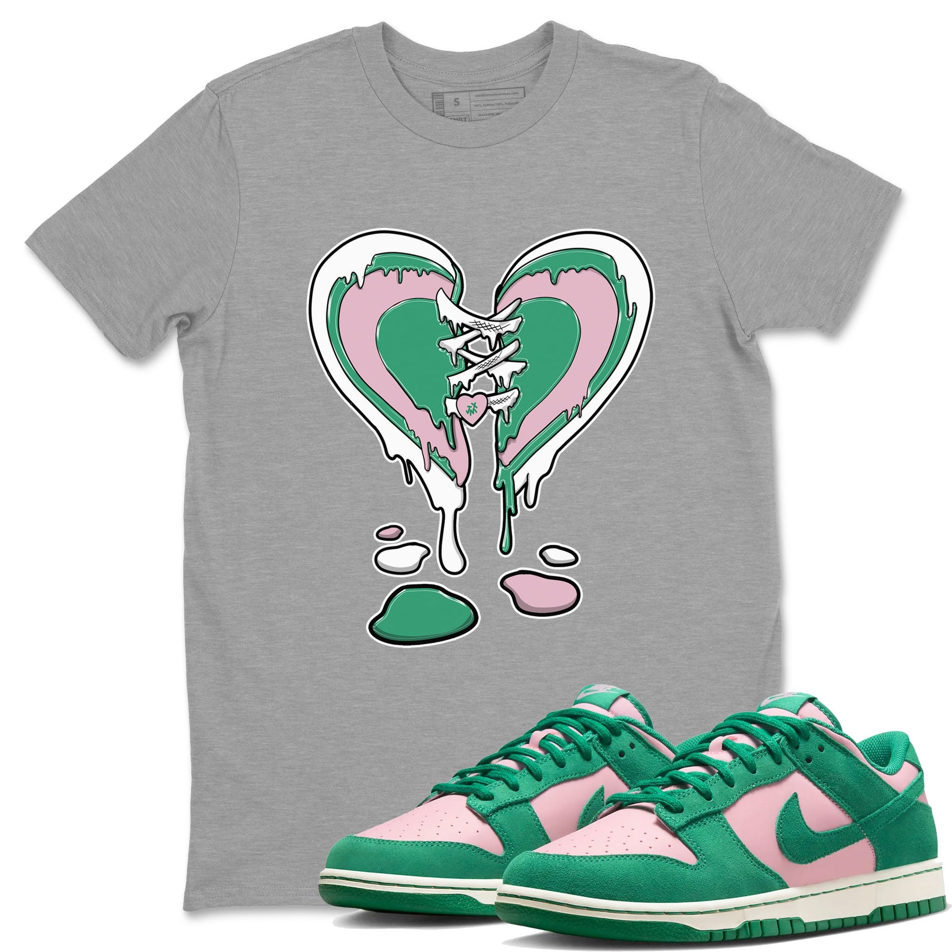 Dunk Low Medium Soft Pink Malachite shirt to match jordans Melting Heart sneaker tees Dunks Medium Soft Pink Malachite Streetwear Brand SNRT Sneaker Release Tees unisex cotton Heather Grey 1 crew neck shirt