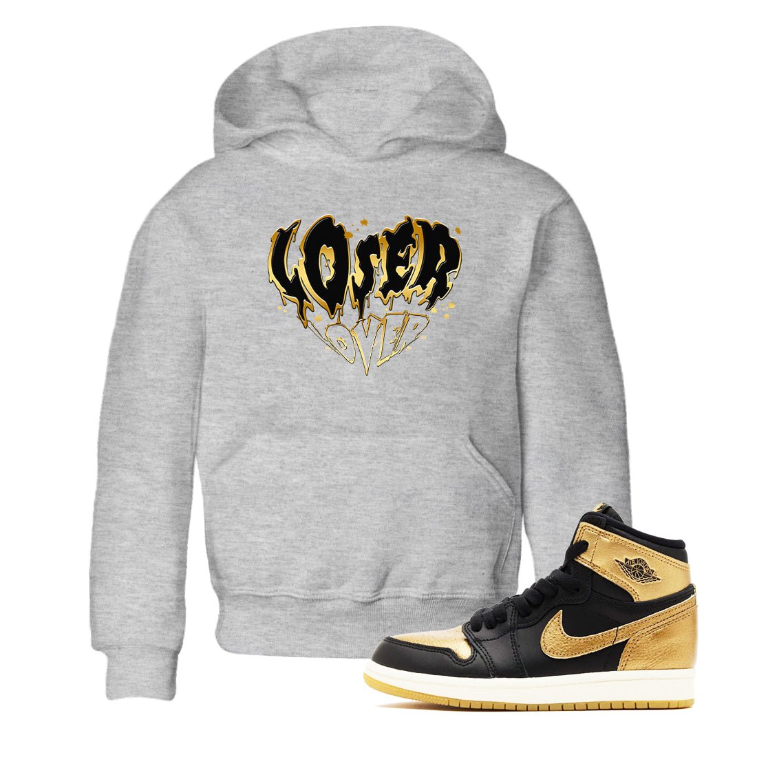 AJ1 Black And Gold shirts to match jordans Melting Loser Lover sneaker match tees Jordan 1 High OG Black And Gold SNRT Sneaker Release Tees Youth Baby Heather Grey 1 crew neck shirts