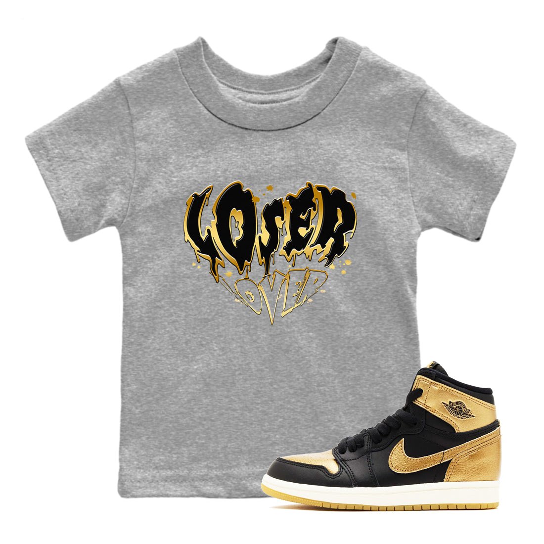 AJ1 Black And Gold shirts to match jordans Melting Loser Lover sneaker match tees Jordan 1 High OG Black And Gold SNRT Sneaker Release Tees Youth Baby Heather Grey 1 crew neck shirts