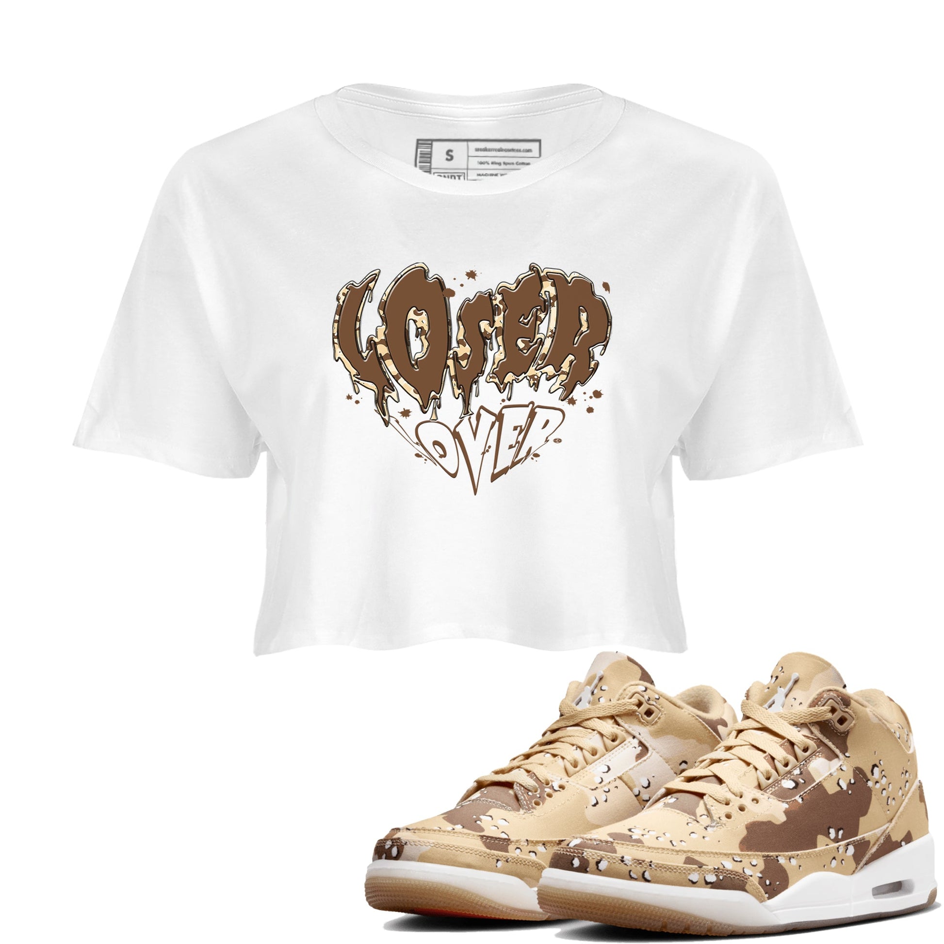 3s Desert Camo shirts to match jordans Melting Loser Lover sneaker match tees Air Jordan 3 Desert Camo SNRT Sneaker Tees streetwear brand White 1 crop tee