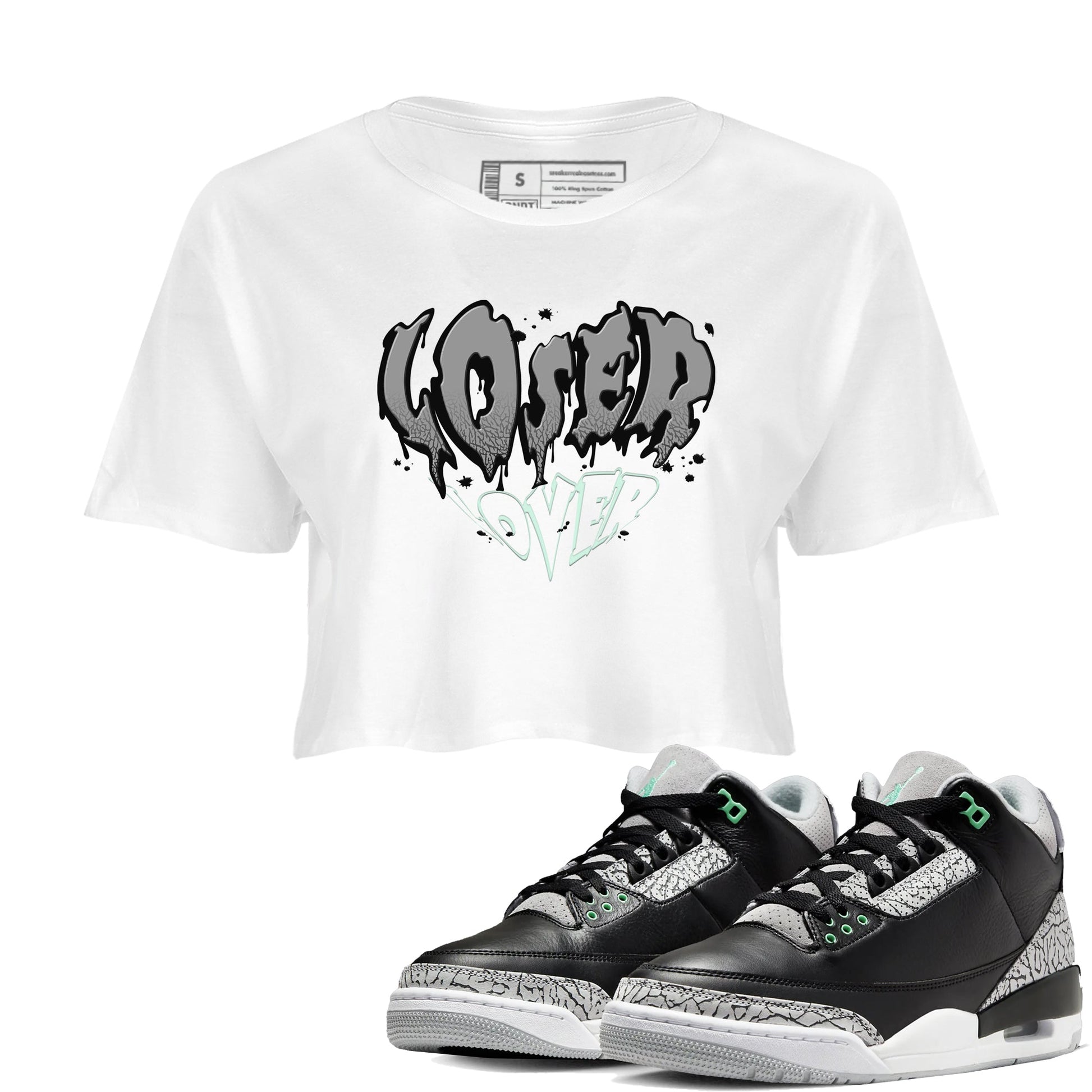 3s Green Glow shirt to match jordans Melting Loser Lover sneaker tees Air Jordan 3 Green Glow SNRT Sneaker Release Tees White 1 crop length shirt
