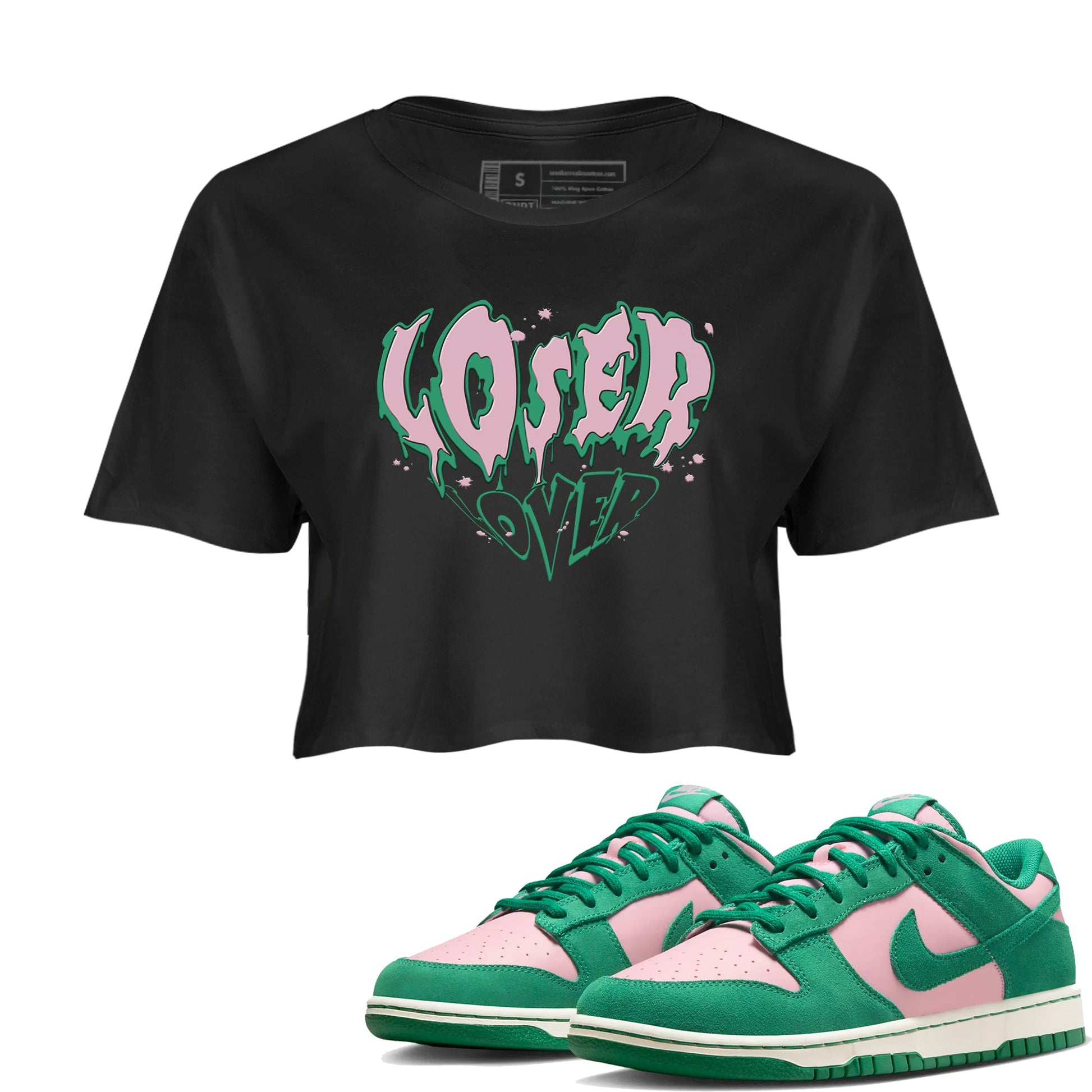 Dunk Low Medium Soft Pink Malachite shirt to match jordans Melting Loser Lover sneaker tees Dunk Medium Soft Pink Malachite SNRT Sneaker Release Tees Black 1 crop length shirt