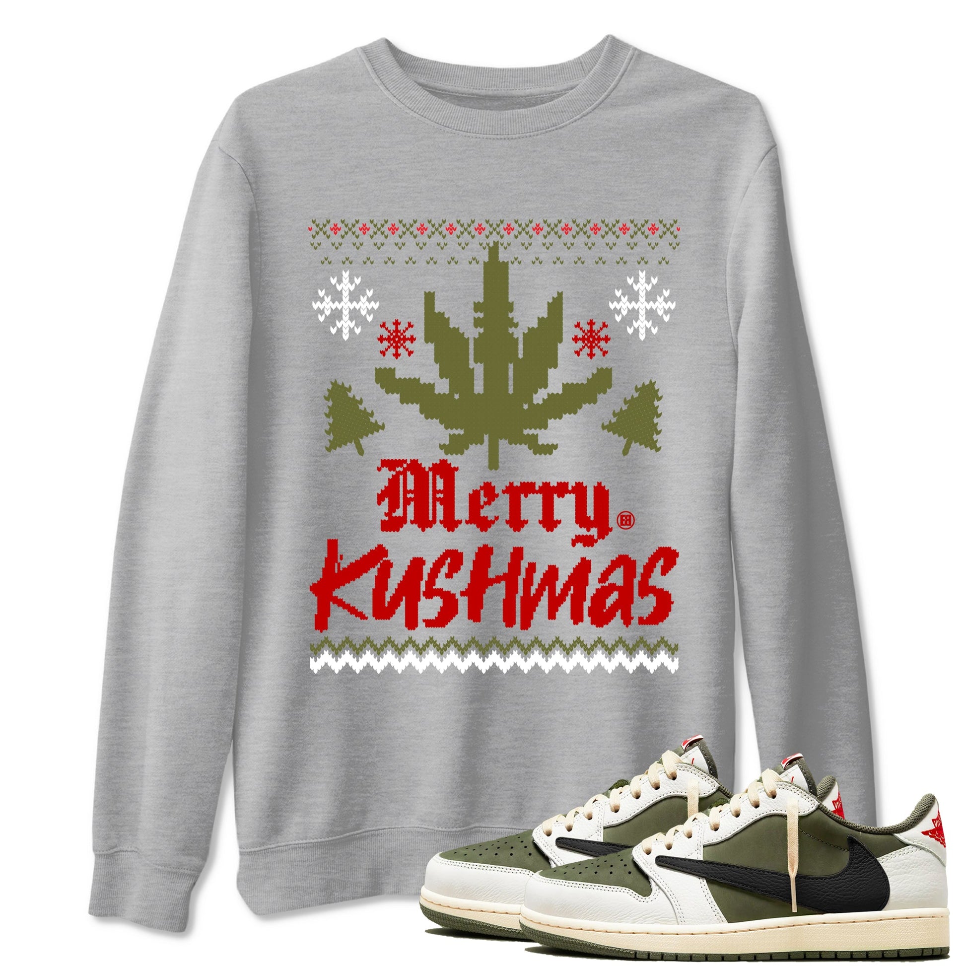 Air Jordan 1 Low Travis Scott Medium Olive t-shirts to match sneakers Merry Kushmas sneaker match tees Travis Scott Olive match shoes to clothes SNRT Sneaker Tees unisex cotton Heather Grey 1 shirts