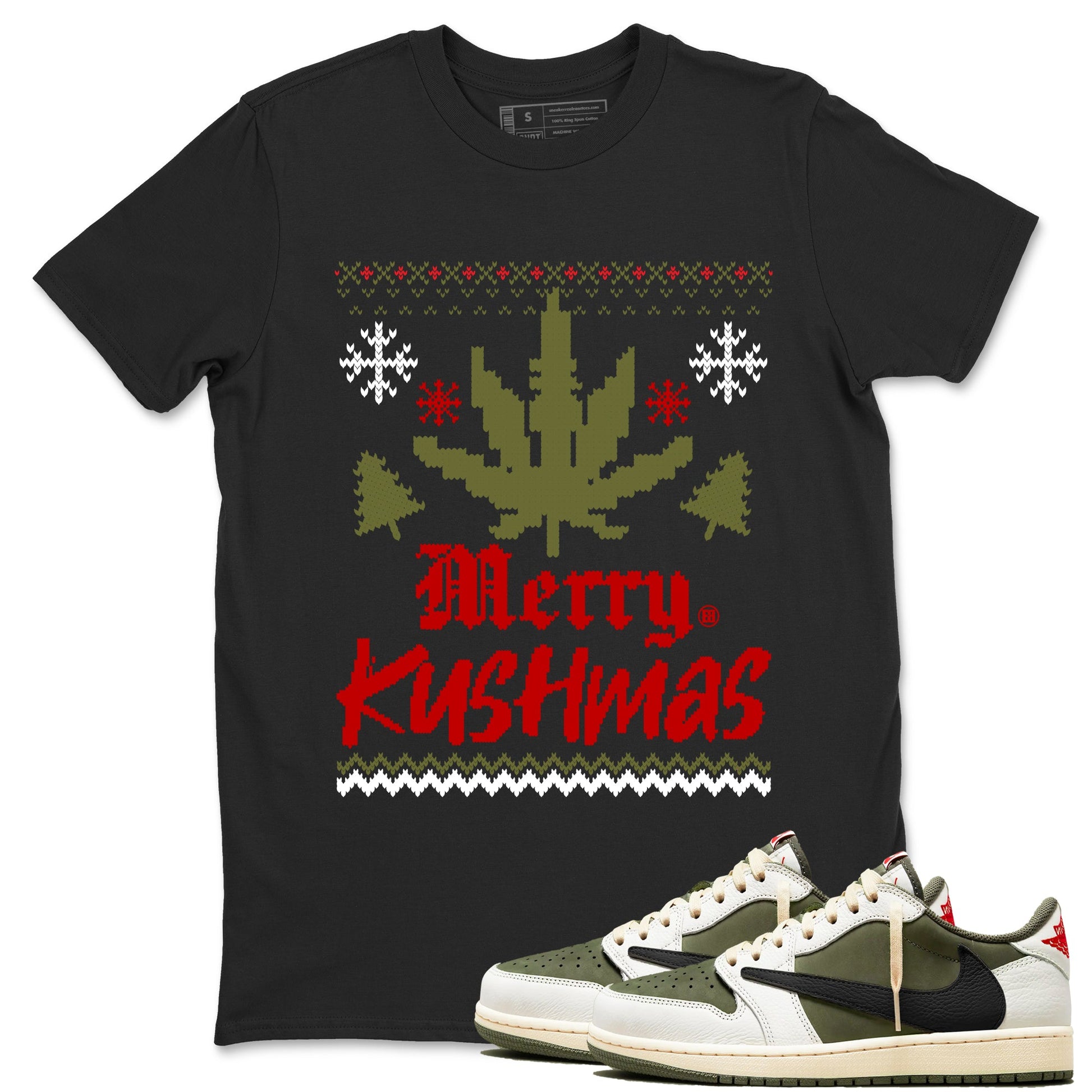 Air Jordan 1 Low Travis Scott Medium Olive t-shirts to match sneakers Merry Kushmas sneaker match tees Travis Scott Olive match shoes to clothes SNRT Sneaker Tees unisex cotton Black 1 shirts