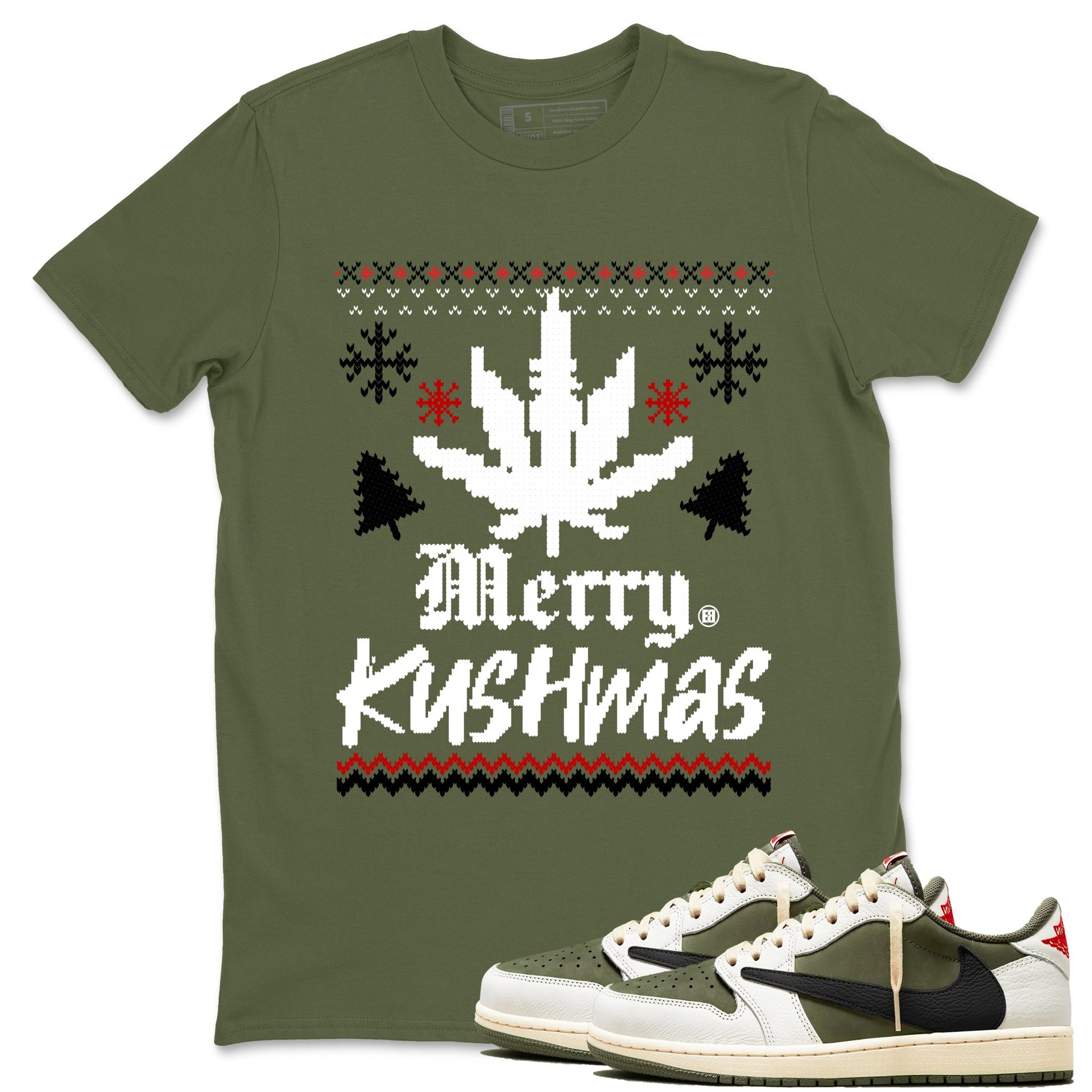 Air Jordan 1 Low Travis Scott Medium Olive t-shirts to match sneakers Merry Kushmas sneaker match tees Travis Scott Olive match shoes to clothes SNRT Sneaker Tees unisex cotton Military Green 1 shirts