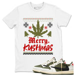 Air Jordan 1 Low Travis Scott Medium Olive t-shirts to match sneakers Merry Kushmas sneaker match tees Travis Scott Olive match shoes to clothes SNRT Sneaker Tees unisex cotton White 1 shirts