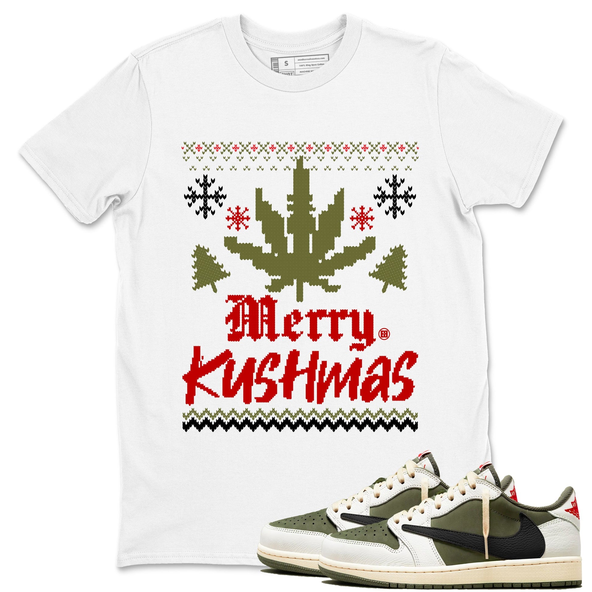 Air Jordan 1 Low Travis Scott Medium Olive t-shirts to match sneakers Merry Kushmas sneaker match tees Travis Scott Olive match shoes to clothes SNRT Sneaker Tees unisex cotton White 1 shirts