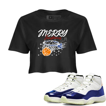Sneaker Threads – Sneaker Tees To Match Air Jordan 11 Rare Air – Merry Swishmas Crop Tee Black 1. Perfect for Jordan releases 2025 colorways.