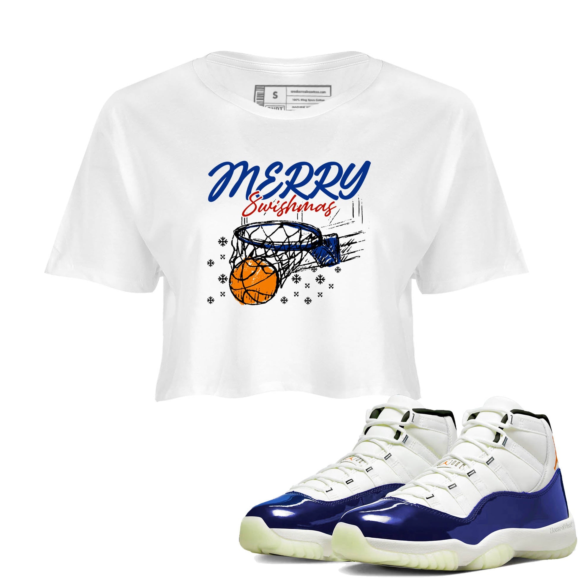 Sneaker Threads – Sneaker Tees To Match Air Jordan 11 Rare Air – Merry Swishmas Crop Tee White 1. Perfect for Jordan releases 2025 colorways.