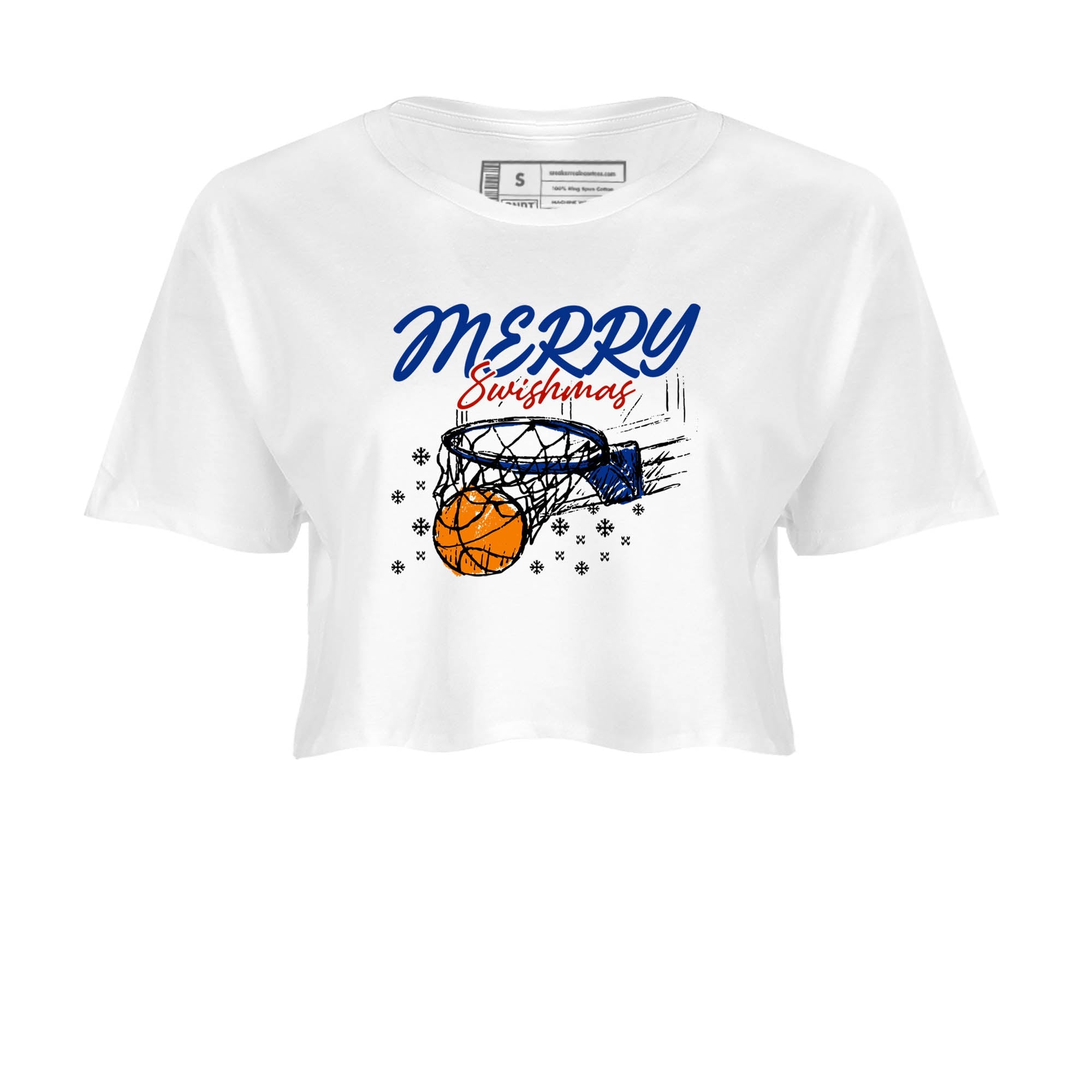 Sneaker Threads – Sneaker Tees To Match Air Jordan 11 Rare Air – Merry Swishmas Crop Tee White 2. Perfect for Jordan releases 2025 colorways.