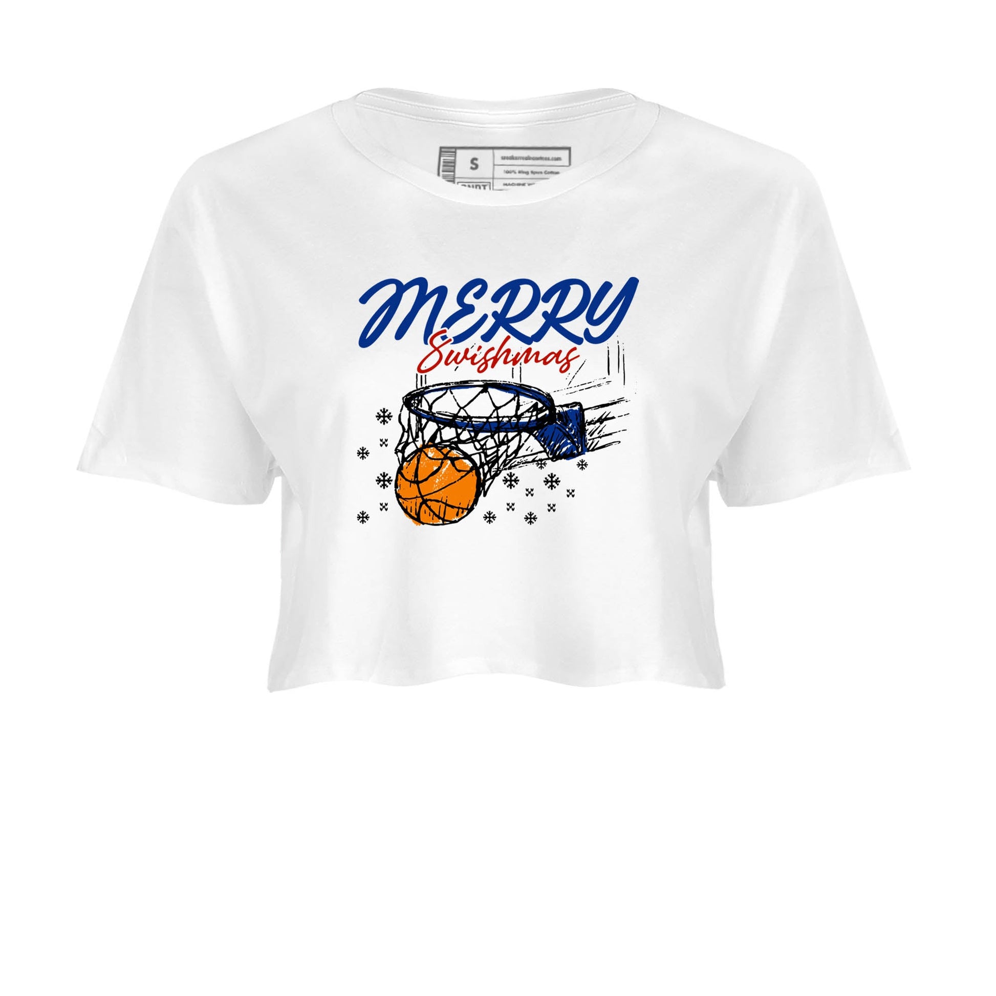 Sneaker Threads – Sneaker Tees To Match Air Jordan 11 Rare Air – Merry Swishmas Crop Tee White 2. Perfect for Jordan releases 2025 colorways.