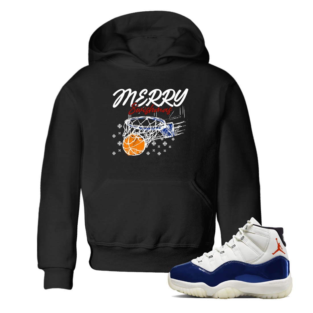 Sneaker Threads – Sneaker Tees To Match Air Jordan 11 Rare Air – Merry Swishmas Youth Graphic Tee Black 1. Perfect for Jordan releases 2025 colorways.