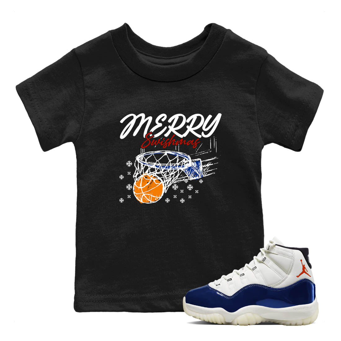 Sneaker Threads – Sneaker Tees To Match Air Jordan 11 Rare Air – Merry Swishmas Youth Graphic Tee Black 1. Perfect for Jordan releases 2025 colorways.