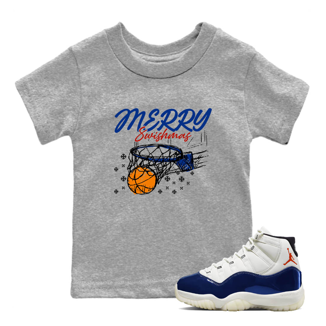 Sneaker Threads – Sneaker Tees To Match Air Jordan 11 Rare Air – Merry Swishmas Youth Graphic Tee Heather Grey 1. Perfect for Jordan releases 2025 colorways.