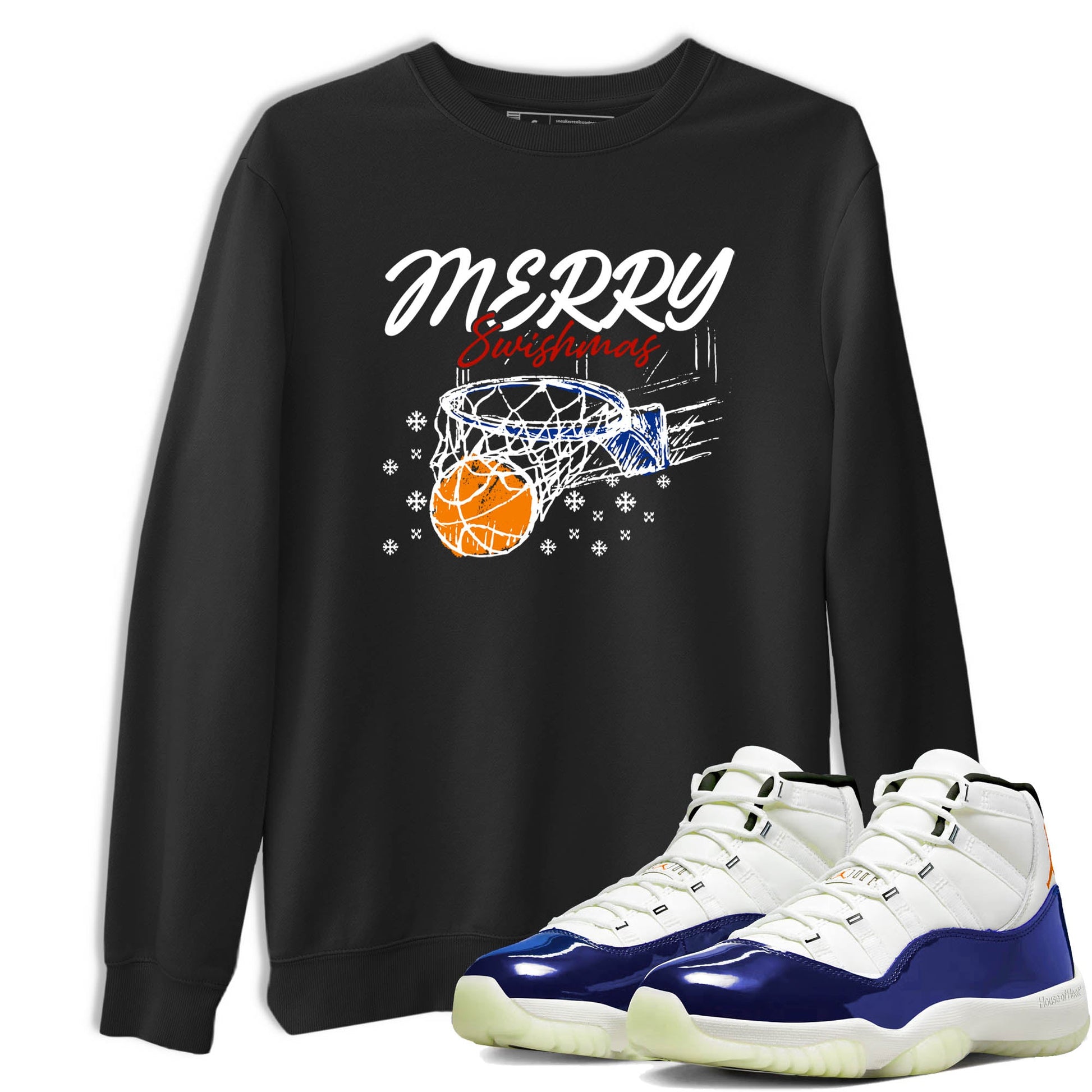 Sneaker Threads – Sneaker Tees To Match Air Jordan 11 Rare Air – Merry Swishmas Graphic Tee Black 1. Perfect for Jordan releases 2025 colorways.